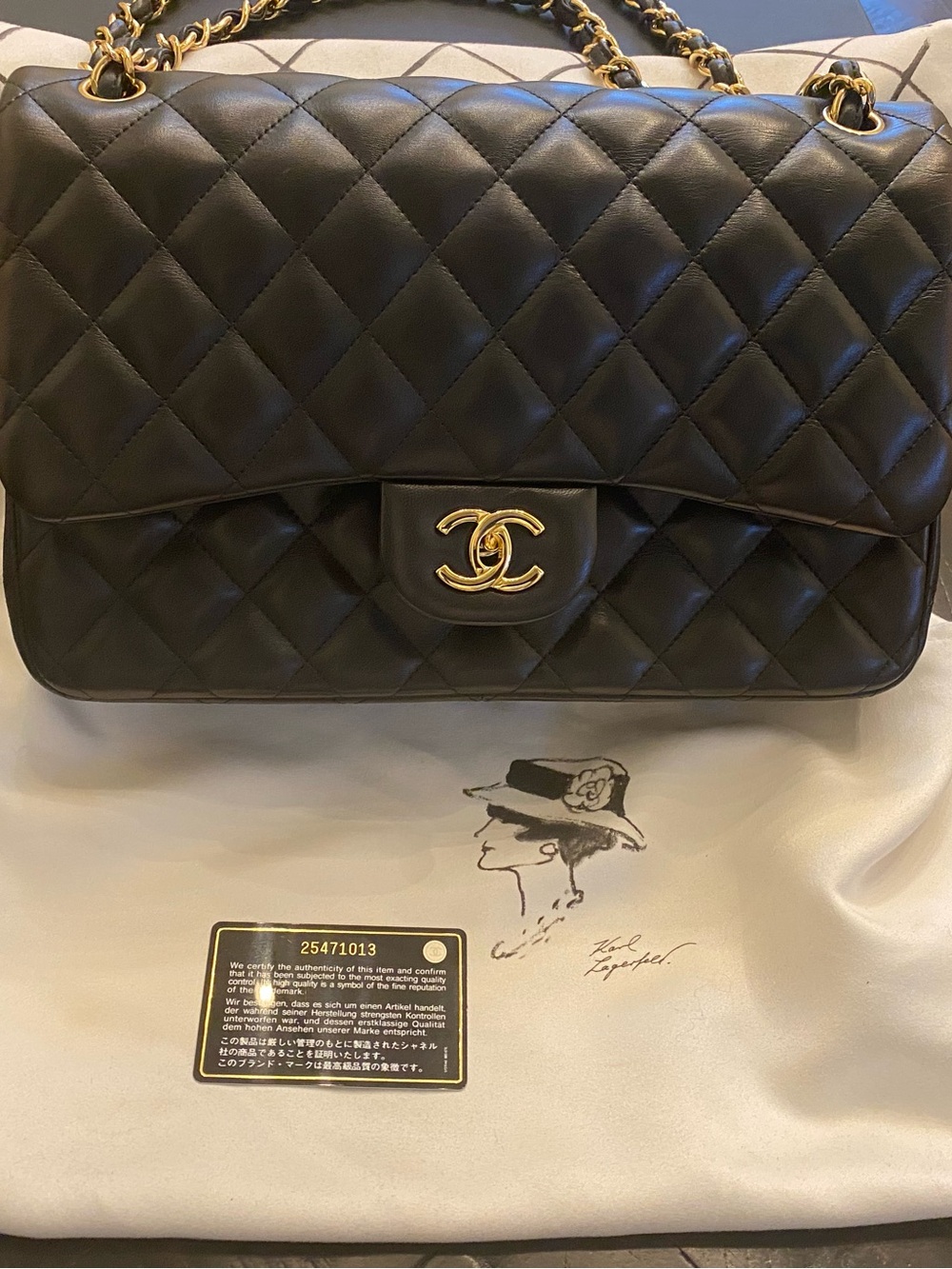 CHANEL Black Quilted Lambskin Double Flap Shoulder Bag with Gold Hardware